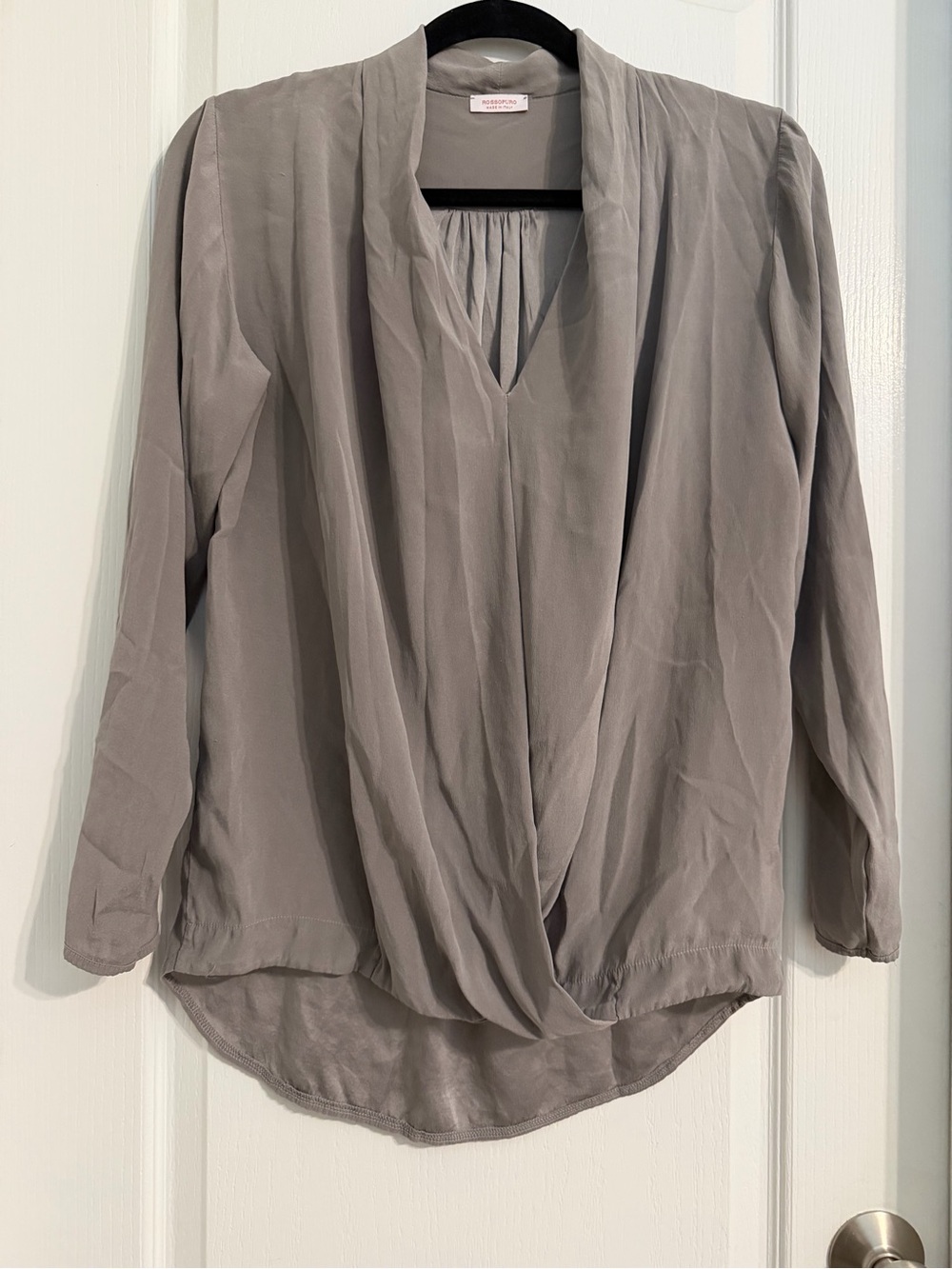 Rossopuro Silk Blend Draped Cowl Neck Blouse in Taupe Grey S